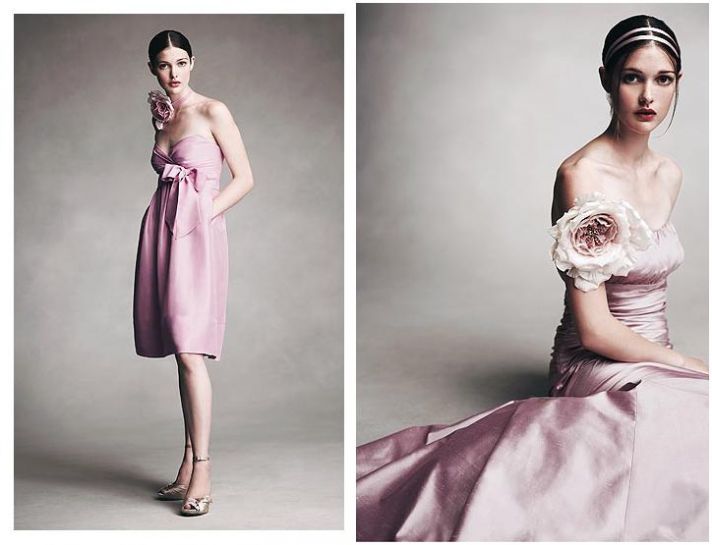 Short dress in sweetpea pink with bow; long dress in mauve silk shantung