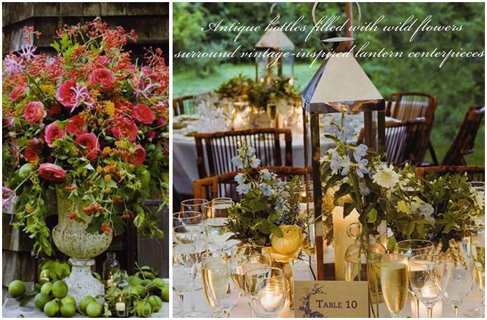 Gorgeous green, fuchsia, violet high table centerpiece; natural tablescape with lantern
