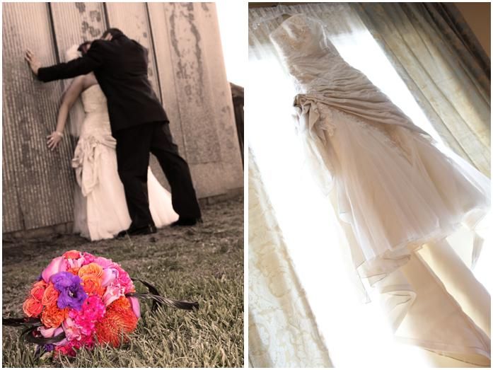 Ivory lace wedding dress hangs in window; bride and groom in background, vibrant bouquet steals show