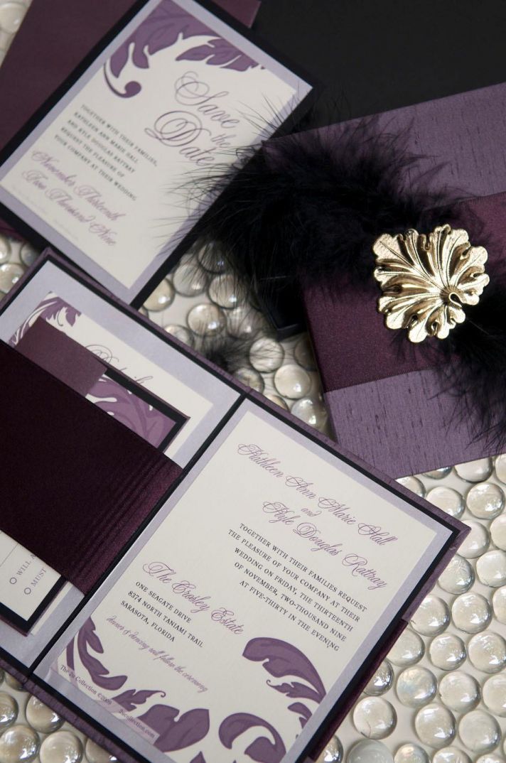 Hardbound eggplant, black, white wedding stationery with golf leaf embellishment & feathers