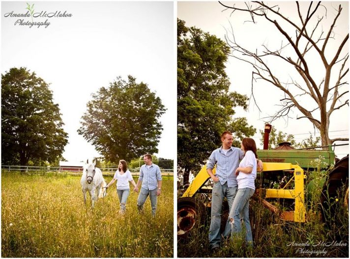 Bride and groom outside in green field with white horse; pose in front of John Deere tractor