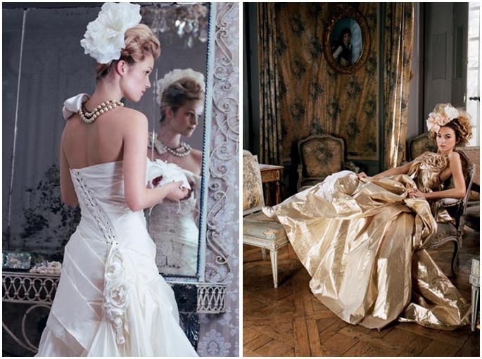 Romantic white wedding dress with floral hairpiece, corset back; romantic, yet edgy, gold taffetta w