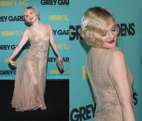 Drew Barrymore with vintage-inspired hairstyle- birdcage veil, white flower, Marcel curls