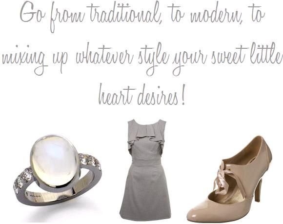 Stunning wedding ring, short grey bridesmaid dress, camel retro patent leather heels