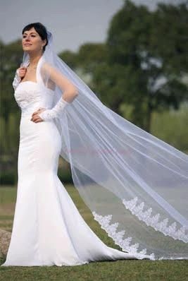 Cathedral length veil tacked to the back on the brides bun