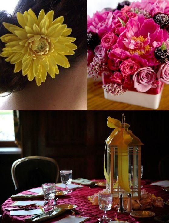 The yellow flower in the hair, the pink centerpiece, and the yellow accented lamp all make perfect a