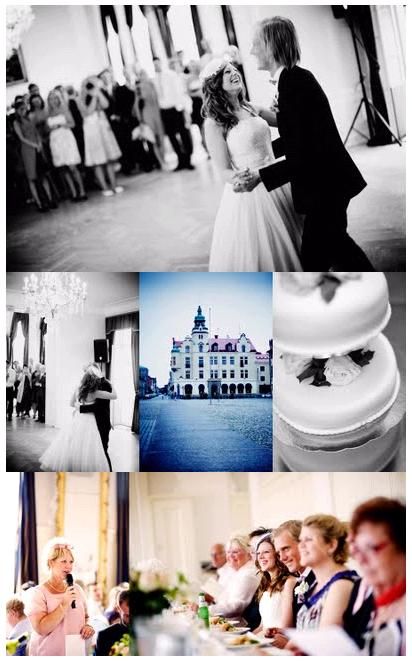 Bride and groom enjoy first dance together; gorgeous castle from afar, and closeup of delicious wedd
