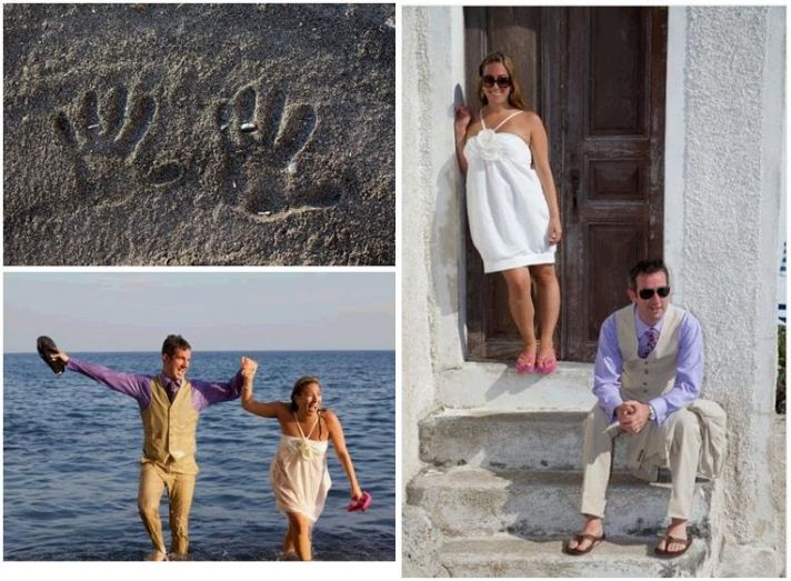 Honeymoon photos from Santorini- hand prints in sand, couple jumps into the sea wearing wedding dres
