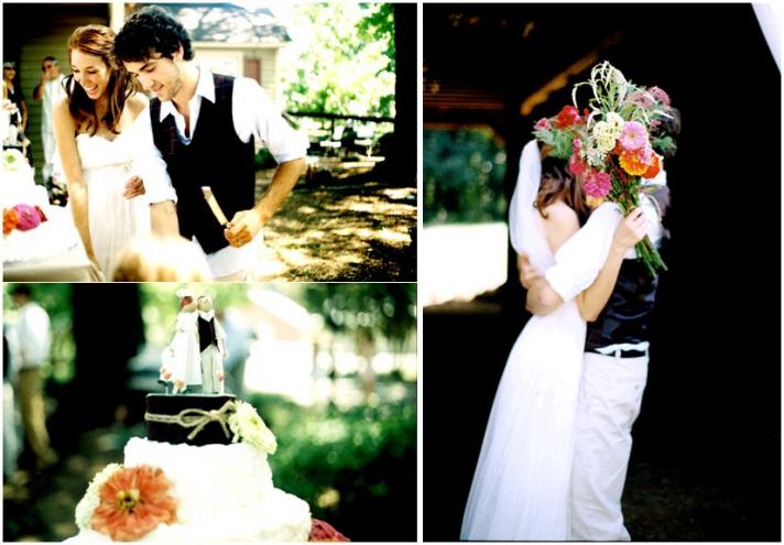 Bride and groom cut the white wedding cake, adorned with an adorable bride and groom cake topper