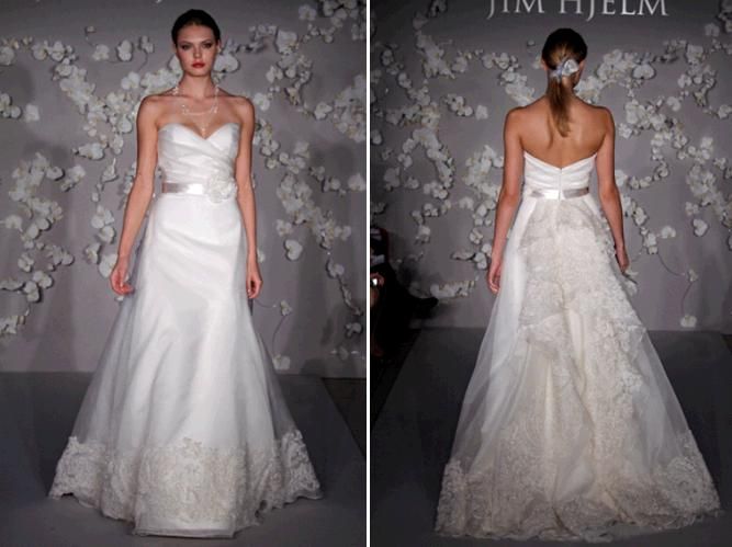 White Jim Hjelm wedding dress with hints of lace, sash with flower applique, deep sweetheart necklin
