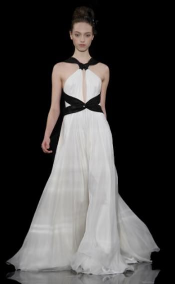 Ivory a-line wedding dress with black bands at waist and keyhole front