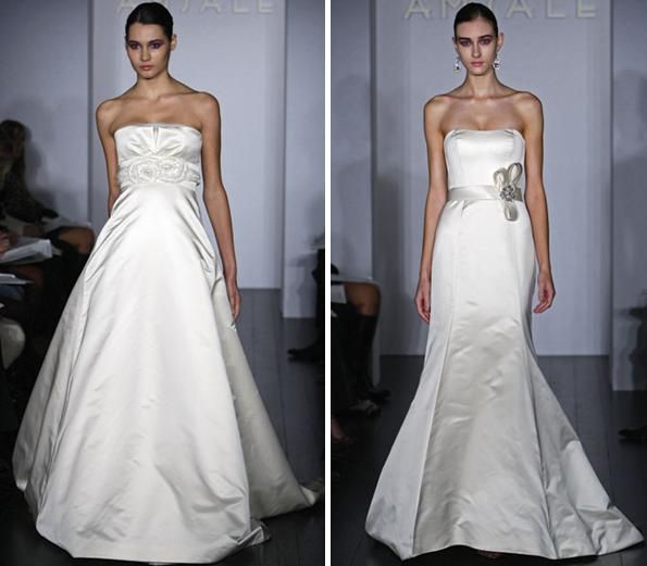 White wedding dresses with floral applique under bust and small bow with crystal brooch