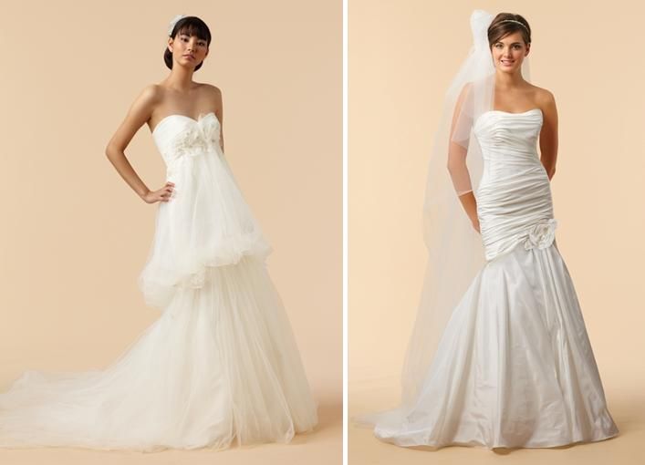 Strapless wedding dresses with tulle, ruching, and unique drop waist silhouettes