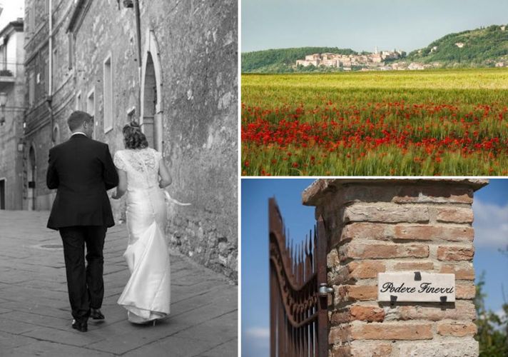 Tuscan countryside with its lush green fields and red flowers; bride and groom walk hand in hand up 