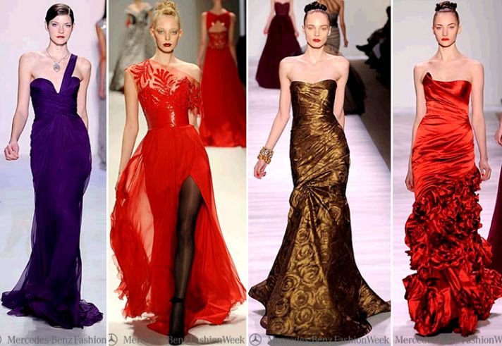 Vibrant dresses from NY Fashion Week- regal purple, bright red, cooper gold