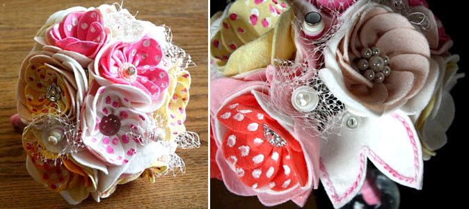 Whimsical felt bridal bouquet with pink and white polka dots, rhinestones and netting