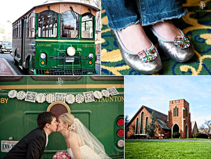 Bride and groom kiss under Just Married sign; gorgeous traditional church for wedding reception
