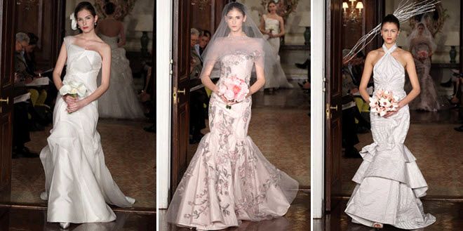 Spring 2011 wedding dresses by Carolina Herrera- asymmetric neckline, floral print, high neck with r