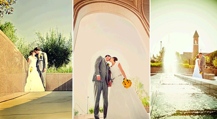 Bride in modest white wedding dress kisses groom (in grey suit) outside wedding ceremony venue