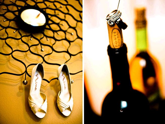 Open toe ivory bridal heels by Nina; diamond engagement ring and wedding bands sit atop wine bottle