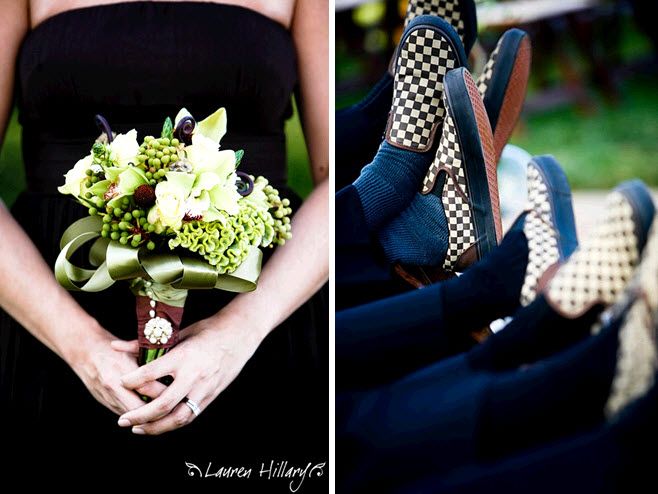 Bridesmaids wear black strapless J.Crew dresses; groomsmen wear checkered VANS