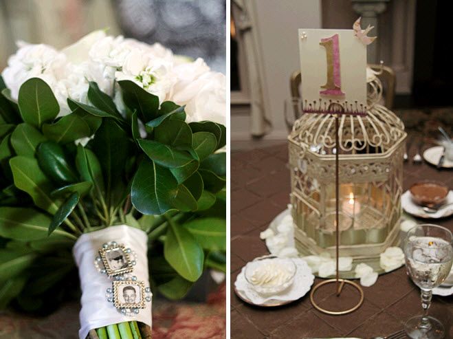White bridal bouquet with vintage brooch charms; gold DIY birdcage wedding reception table centerpie
