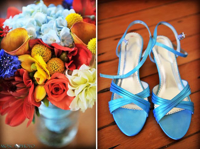 Bright red, yellow, and light blue vibrant bridal bouquet; blue open-toe bridal heels