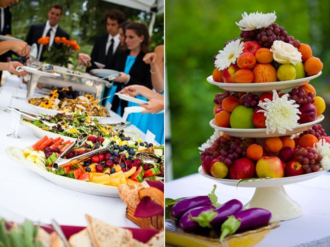 Vibrant and casual buffet-style reception dinner, and lovely fruit tower
