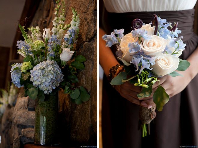 Bridesmaids� bouquets made of ivory roses, light blue delph and monkey tails