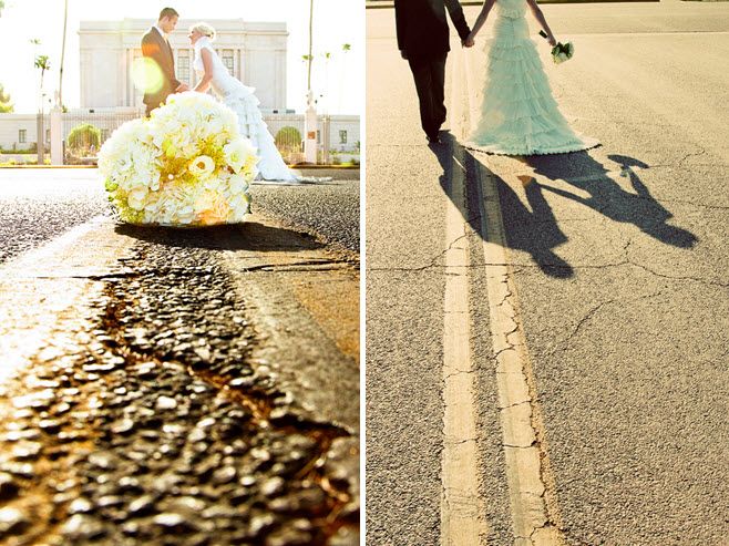 Bride and groom take photos in Arizona street after saying I Do