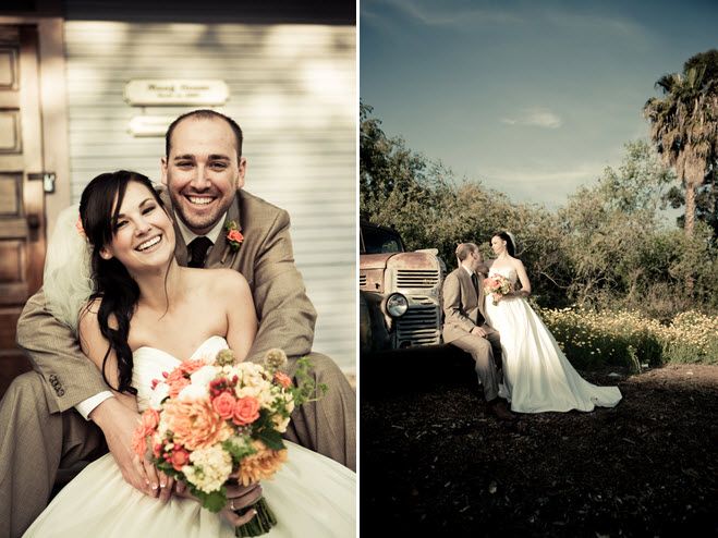Bride and groom pose outside during sunset after saying I Do