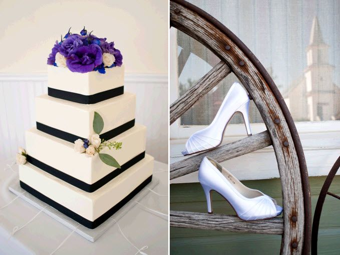 Classic white square 4-tier wedding cake with purple floral cake topper; white satin peep-toe bridal