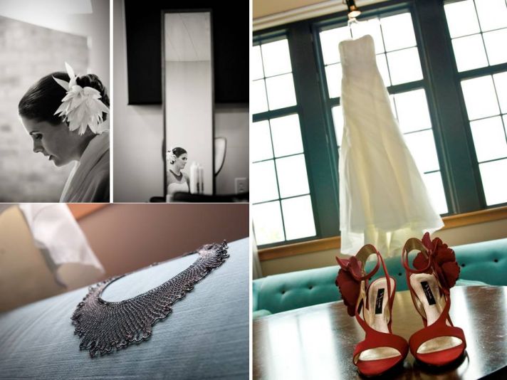 White strapless wedding dress hangs in window with red bridal heels and statement necklace