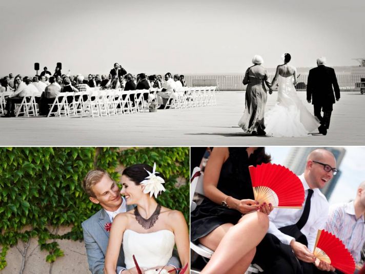 Bride walks with father to meet her groom during outdoor Milwaukee wedding ceremony