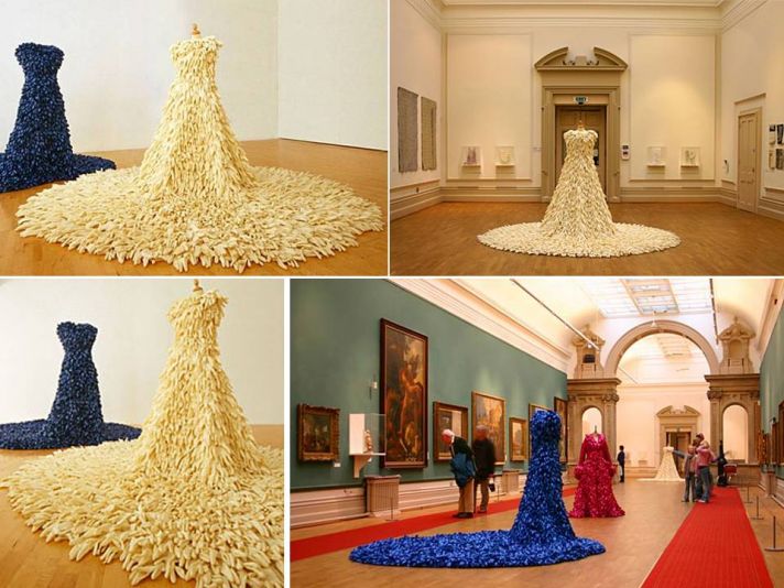Wedding dress sculpture made from 1400 rubber dishwashing gloves turned inside-out!