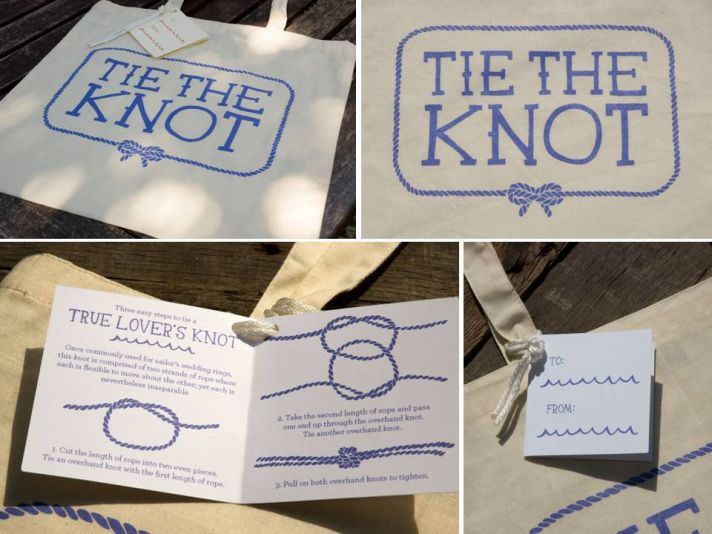 Adorable Tie The Knot natural tote bag with lavender silk screened writing