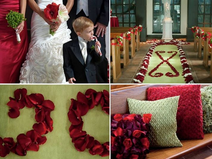 Winter wedding ceremony venue decorated with red rose petals, festive pillows and candy cane touches