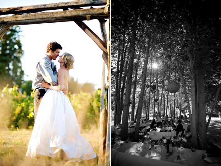 Bride and groom kiss under wood wedding arch, casual wedding reception under the stars