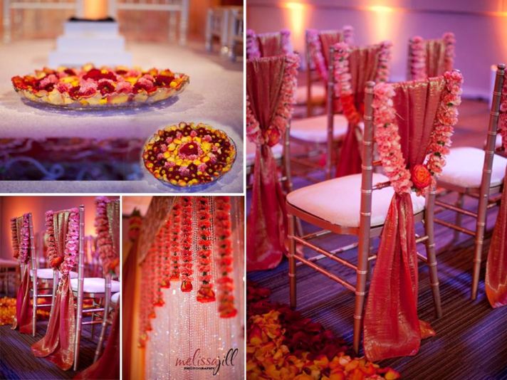 Vibrant red/orange wedding ceremony room with luxe decor