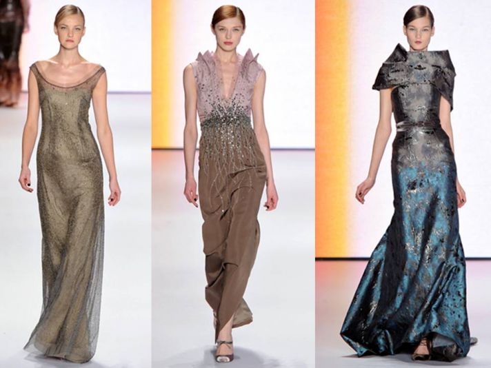 Scoop neck metallic gown, v-neck sparkly stunner, and regal high-neck Carolina Herrera gown