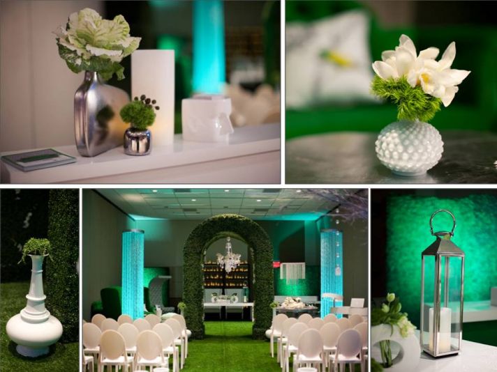 Green, white and turquoise wedding color palette, reception table centerpieces and ceremony aisle ru