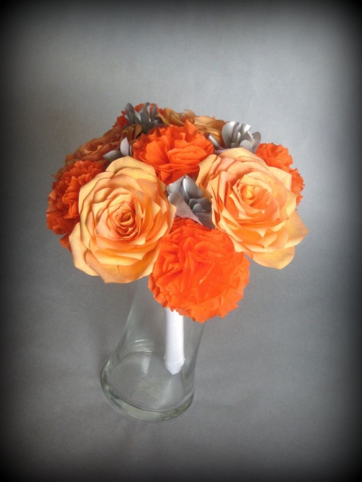 Vibrant orange and grey paper bridal bouquet