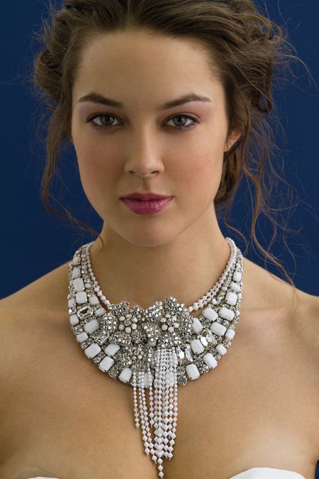 High-drama bridal necklace with hanging crystals by Rivini’s creative director
