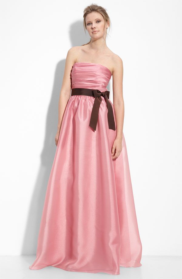 Pink taffeta full length bridesmaids dress with brown sash