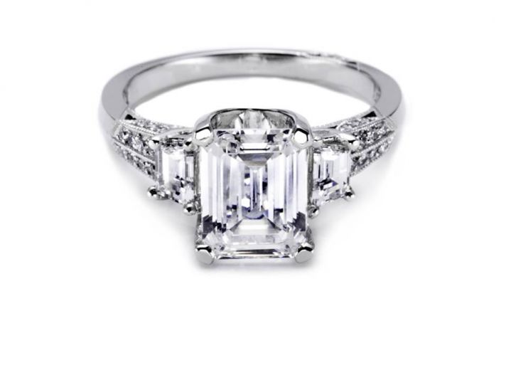 Emerald cut platinum and diamond Tacori engagement ring with side stones
