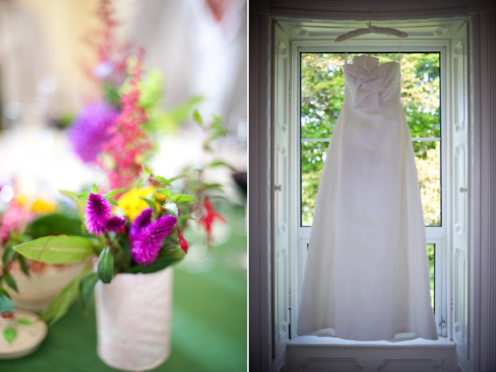 Ivory wedding dress, colorful wedding flowers and reception centerpieces