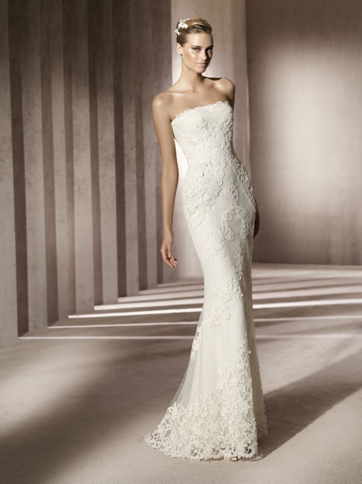 Simple strapless lace wedding dress with beading embellishment