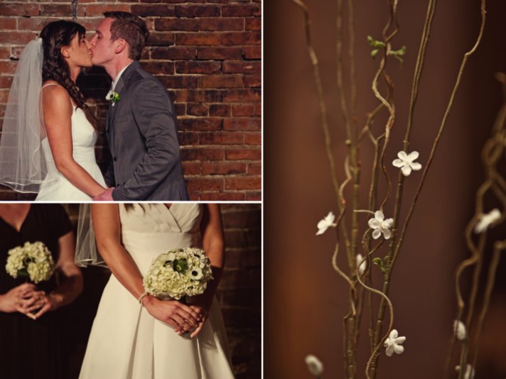 Bohemian bride kisses funky low-key groom after saying I Do at wedding ceremony