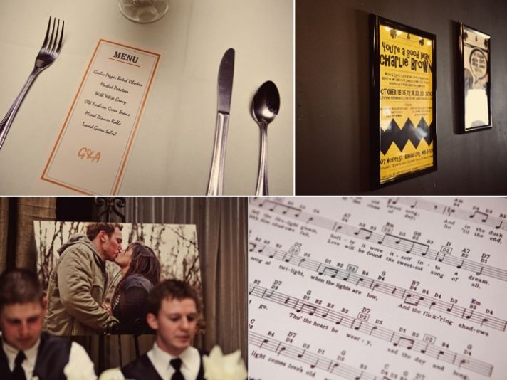 Modern wedding reception menues, music-themed wedding decor