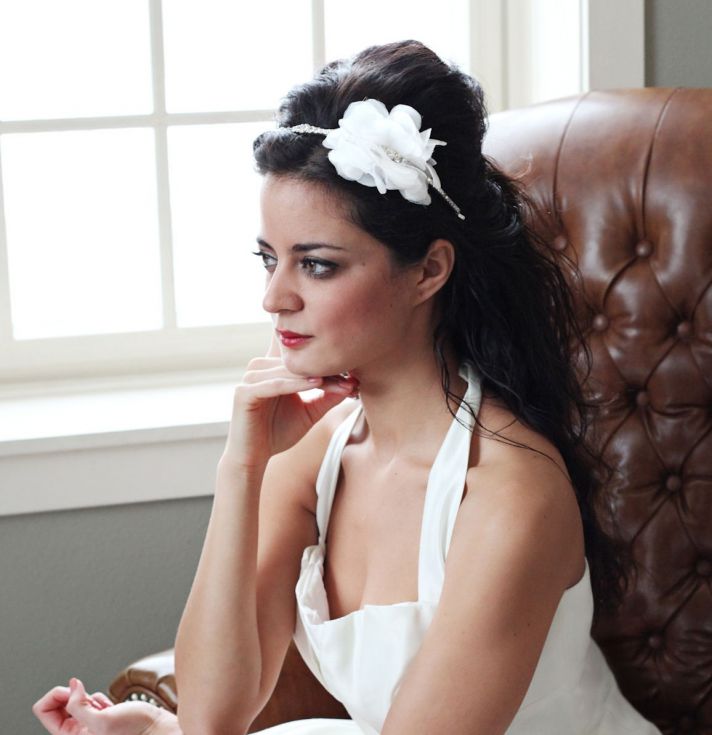 Rhinestone and feather bridal headband